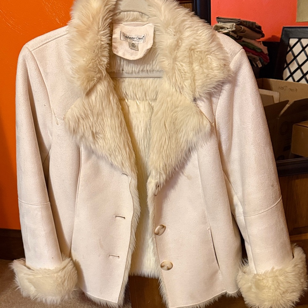 Coldwater Creek Women's Cream Faux Fur Trim Jacket